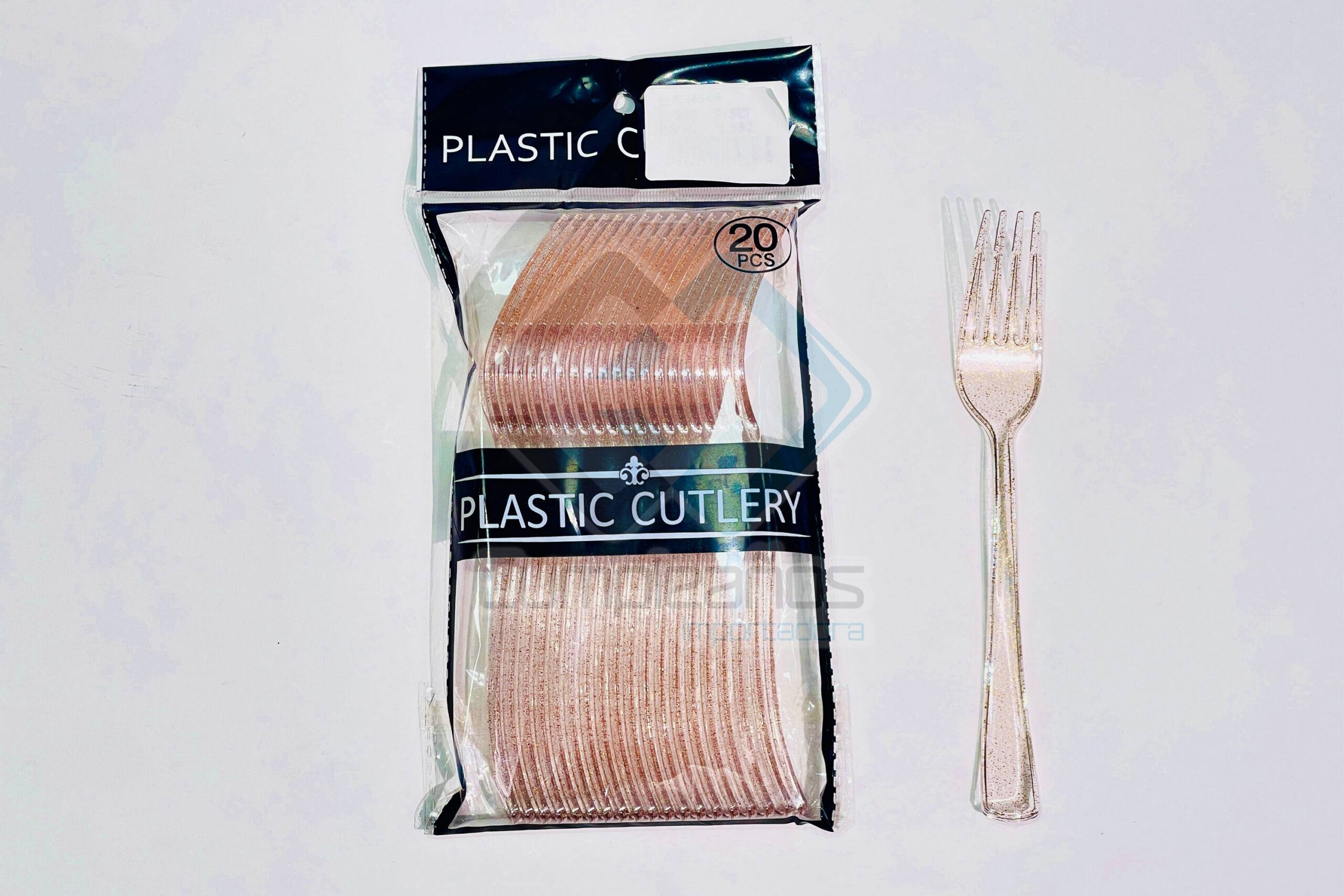 6036051345085 PLASTICO TENEDOR ESCARCHA ROSA ORO SET 20 X1 - Imagen 1