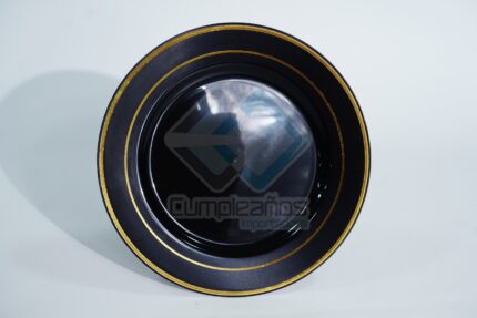 PLATO PLASTICO NEGRO PEQUENO FILO DORADO SET10 X1