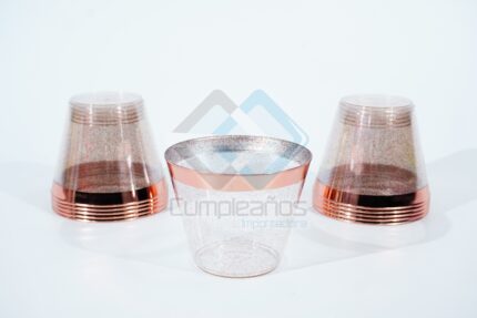 PLASTICO VASO ESCARCHADO ROSA ORO SET50 X1